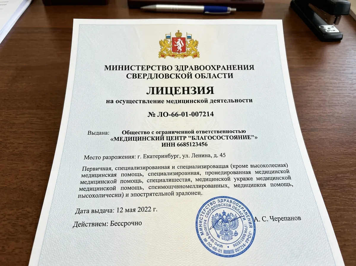 Лицензия на осуществление медицинской деятельности № ЛО-66-01-007214, выданная Министерством здравоохранения Свердловской области, официальный документ с гербовой печатью