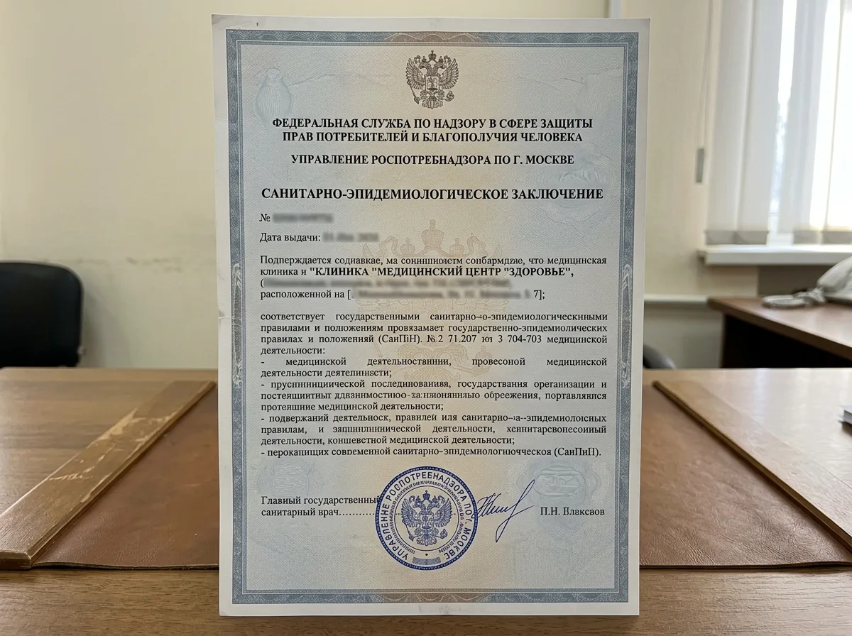 Сертификат соответствия санитарно-эпидемиологическим нормам клиники, документ с печатью Роспотребнадзора, официальный бланк