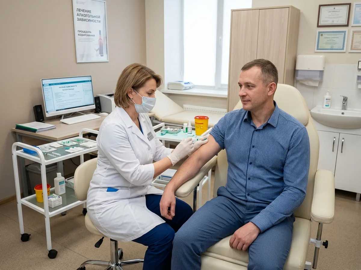 Врач делает инъекцию кодирования пациенту, медицинский кабинет, процедура кодирования от алкоголизма, профессиональная обстановка